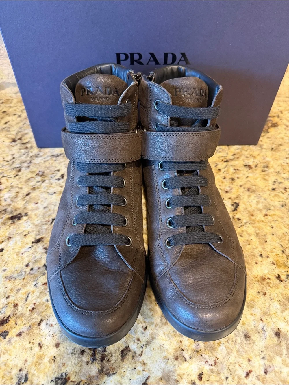 Prada Brown Leather High-Top Sneakers with Strap